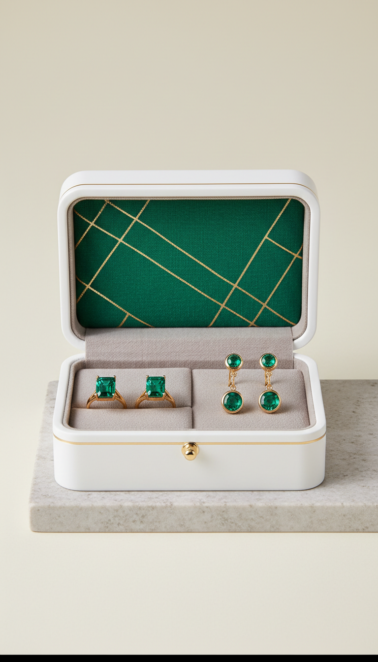 Signature White Jewelry Box Emerald Accents